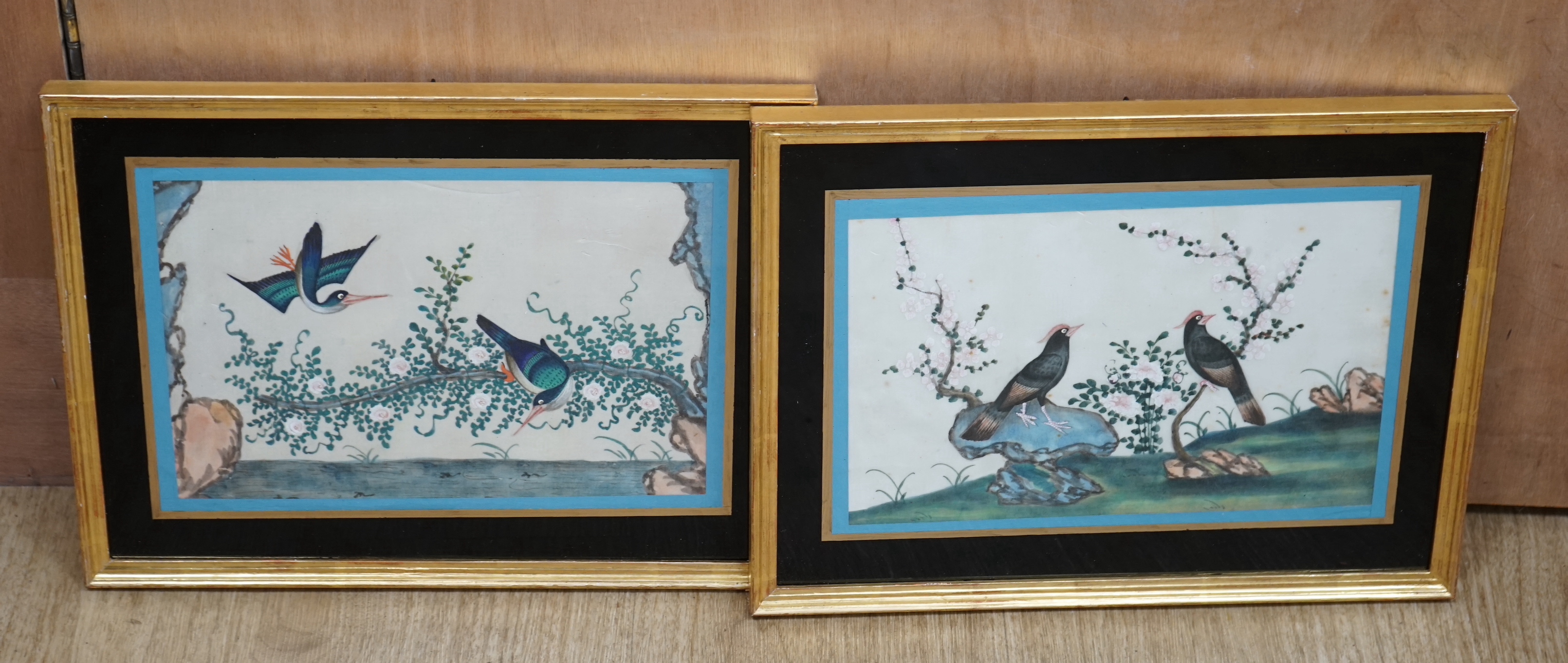 19th century Chinese School, pair of pith paper paintings, Birds of Paradise amongst flowers, 16 x 25cm